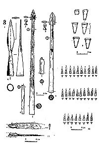 Рис. 3.1-3 - железные ворворки; 4 - наконечник копья; 5-6 - наконечники дротиков; 7-8 - подтоки дротиков; 9 - накладные пластины; 10 - бронзовые наконечники стрел; 11 - нож